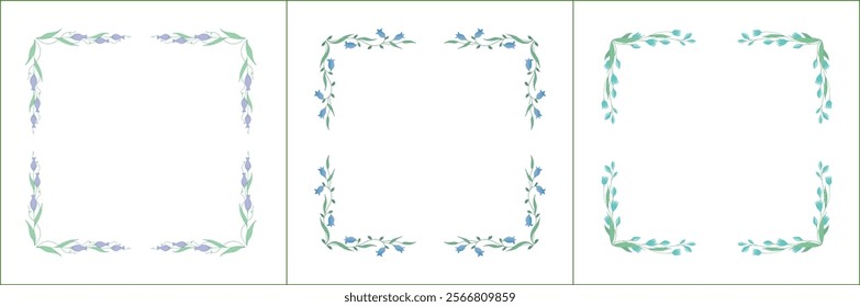 Set of three elegant green vegetal ornamental frame with blue bluebell flowers, decorative border. Isolated vector illustration	
