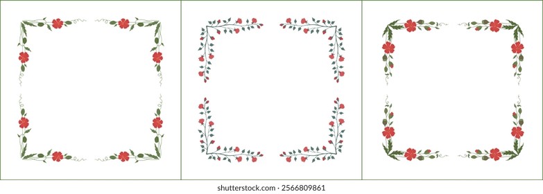 Set of three elegant green vegetal ornamental frame with poppies and rose flowers, decorative border. Isolated vector illustration	
