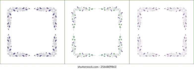 Set of three elegant green vegetal ornamental frame with purple flowers, decorative border. Isolated vector illustration	
