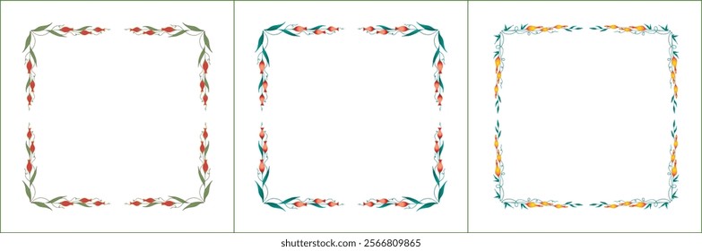 Set of three elegant green vegetal ornamental frame with orange and yellow flowers, decorative border. Isolated vector illustration	
