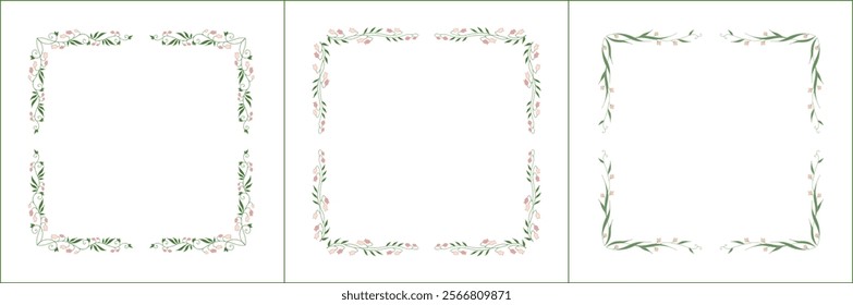 Set of three elegant green vegetal ornamental frame with light pink flowers, decorative border. Isolated vector illustration	
