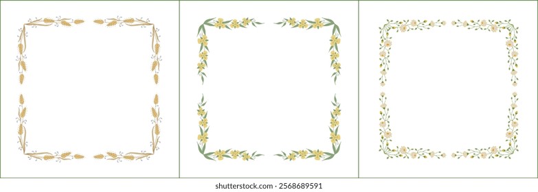 Set of three elegant green vegetal ornamental frame with yellow flowers, decorative border. Isolated vector illustration	