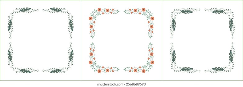 Set of three elegant green vegetal ornamental frame with orange flowers, decorative border. Isolated vector illustration	