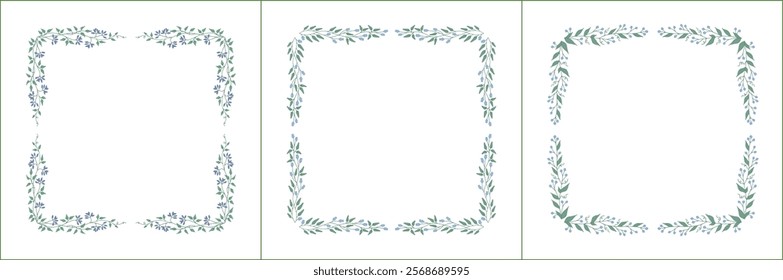 Set of three elegant green vegetal ornamental frame with blue  flowers, decorative border. Isolated vector illustration	