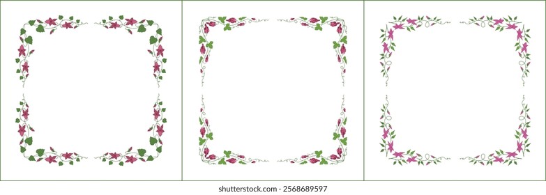 Set of three elegant green vegetal ornamental frame with pink flowers, decorative border. Isolated vector illustration	