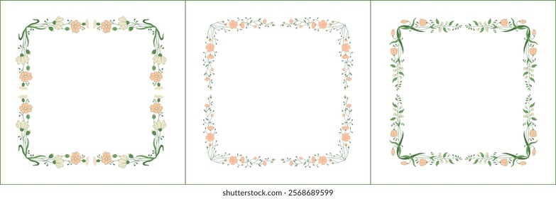 Set of three elegant green vegetal ornamental frame with light pink flowers, decorative border. Isolated vector illustration	