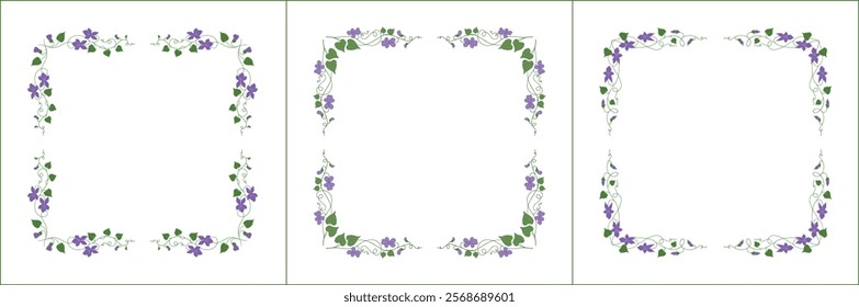 Set of three elegant green vegetal ornamental frame with purple flowers, violets, decorative border. Isolated vector illustration	