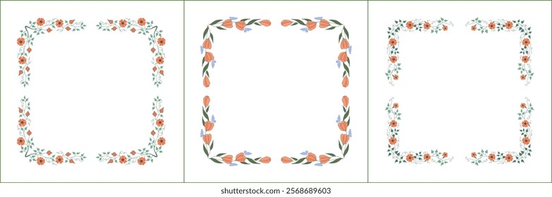 Set of three elegant green vegetal ornamental frame with orange flowers, decorative border. Isolated vector illustration	