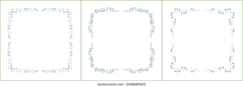 Set of three elegant green vegetal ornamental frame with blue and pink flowers, decorative border. Isolated vector illustration	