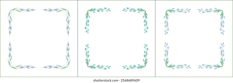 Set of three elegant green vegetal ornamental frame with blue flowers, bluebells, decorative border. Isolated vector illustration	