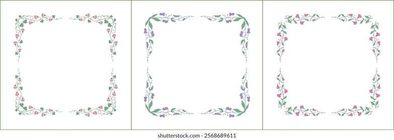 Set of three elegant green vegetal ornamental frame with purple and pink flowers, decorative border. Isolated vector illustration	