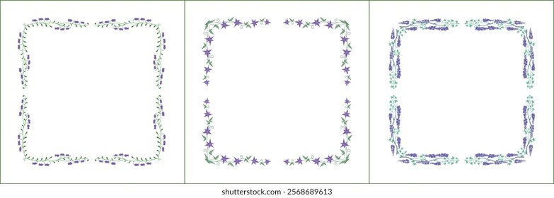 Set of three elegant green vegetal ornamental frame with purple flowers, decorative border. Isolated vector illustration	