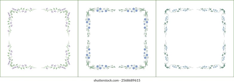 Set of three elegant green vegetal ornamental frame with blue flowers, decorative border. Isolated vector illustration	