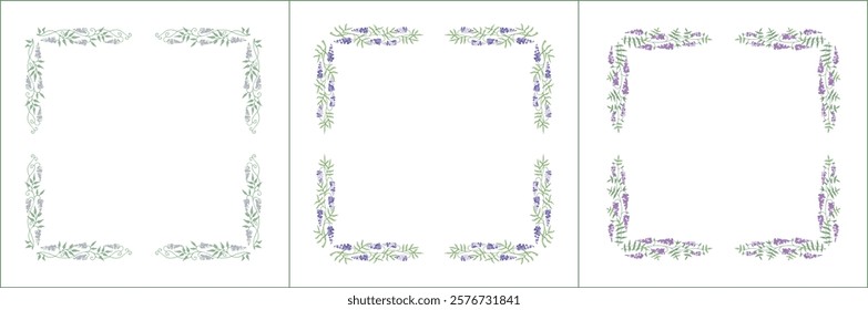 Set of three elegant green vegetal ornamental frame with purple glycinin flowers, decorative border. Isolated vector illustration