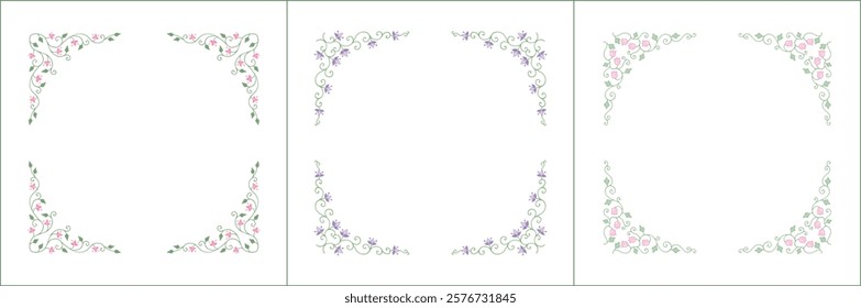 Set of three elegant green vegetal ornamental frame with purple and pink flowers, decorative border. Isolated vector illustration