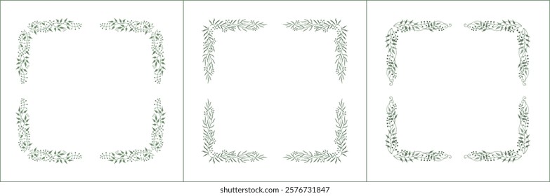 Set of three elegant green vegetal ornamental frame with leaves, decorative border. Isolated vector illustration