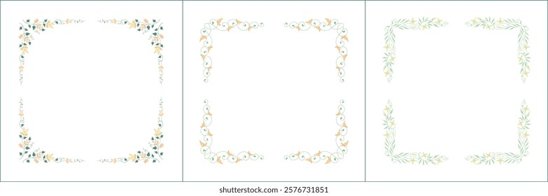 Set of three elegant green vegetal ornamental frame with yellow flowers, decorative border. Isolated vector illustration