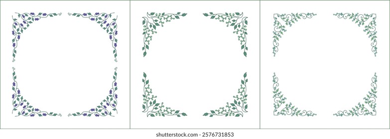 Set of three elegant green vegetal ornamental frame with blue flowers, decorative border. Isolated vector illustration