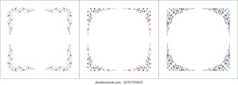 Set of three elegant green vegetal ornamental frame with pink flowers, decorative border. Isolated vector illustration