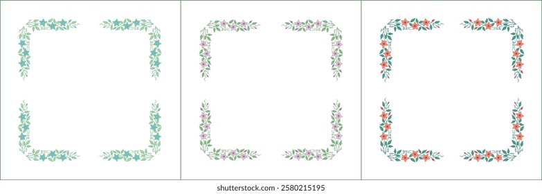 Set of three elegant green vegetal ornamental frame with clematis flowers, decorative border. Isolated vector illustration	