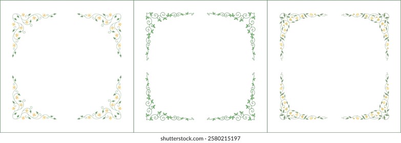 Set of three elegant green vegetal ornamental frame with yellow flowers, decorative border. Isolated vector illustration	