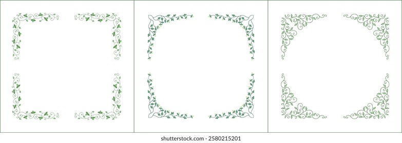 Set of three elegant green vegetal ornamental frame with leaves and flowers, decorative border. Isolated vector illustration	