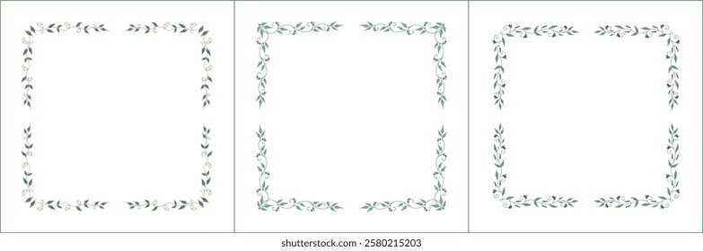 Set of three elegant green vegetal ornamental frame with blue flowers, decorative border. Isolated vector illustration	