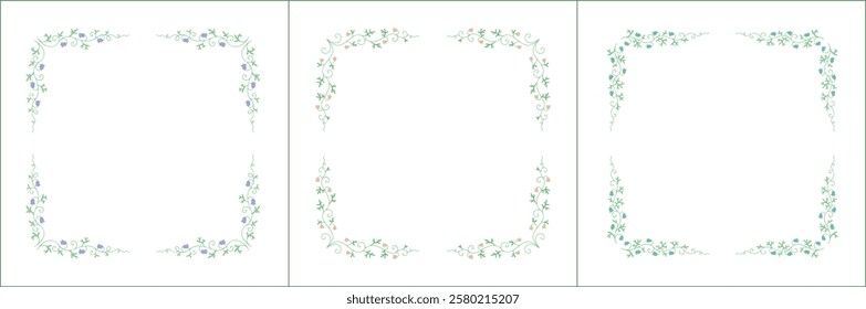 Set of three elegant green vegetal ornamental frame with bluebell flowers, decorative border. Isolated vector illustration	