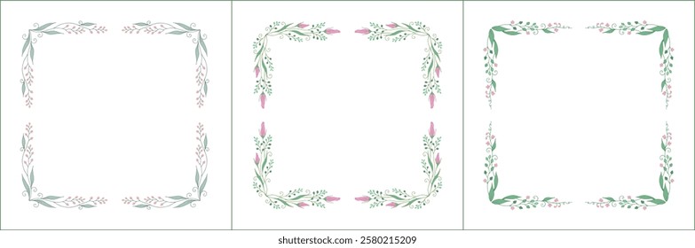 Set of three elegant green vegetal ornamental frame with pink flowers, decorative border. Isolated vector illustration	