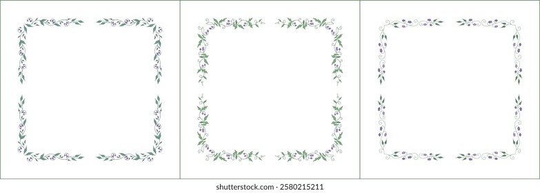 Set of three elegant green vegetal ornamental frame with bluebell flowers, decorative border. Isolated vector illustration	