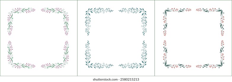 Set of three elegant green vegetal ornamental frame with flowers, decorative border. Isolated vector illustration	