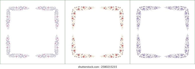 Set of three elegant green vegetal ornamental frame with purple flowers, decorative border. Isolated vector illustration	