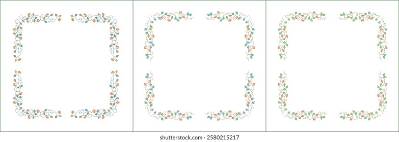 Set of three elegant green vegetal ornamental frame with orange berries, decorative border. Isolated vector illustration	