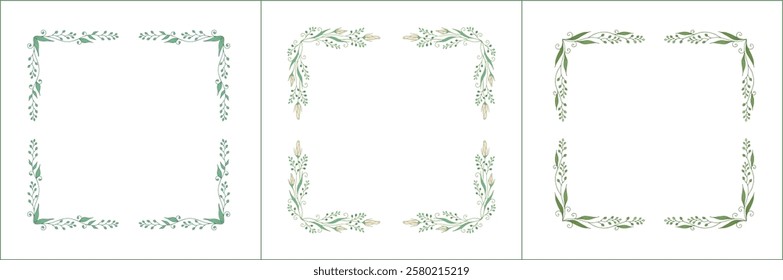 Set of three elegant green vegetal ornamental frame with flowers, decorative border. Isolated vector illustration	