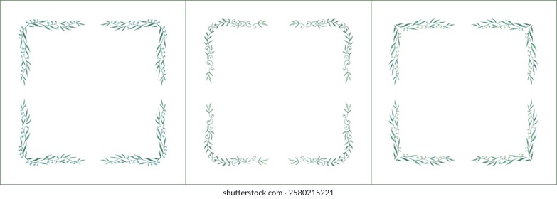 Set of three elegant green vegetal ornamental frame with leaves, decorative border. Isolated vector illustration	