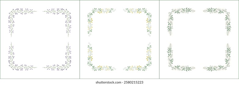 Set of three elegant green vegetal ornamental frame with yellow and purple flowers, decorative border. Isolated vector illustration	