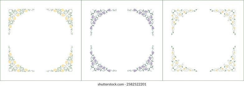 Set of three elegant green vegetal ornamental frames with yellow and purple flowers, decorative border. Isolated vector illustration. Floral frame.
