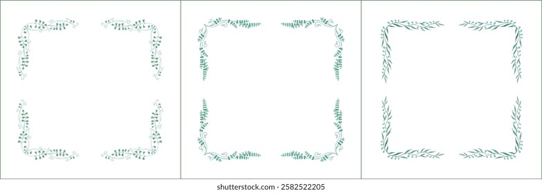 Set of three elegant green vegetal ornamental frames with leaves, decorative border. Isolated vector illustration. Floral frame.
