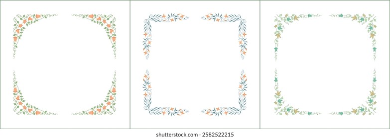 Set of three elegant green vegetal ornamental frames with orange flowers, decorative border. Isolated vector illustration. Floral frame.
