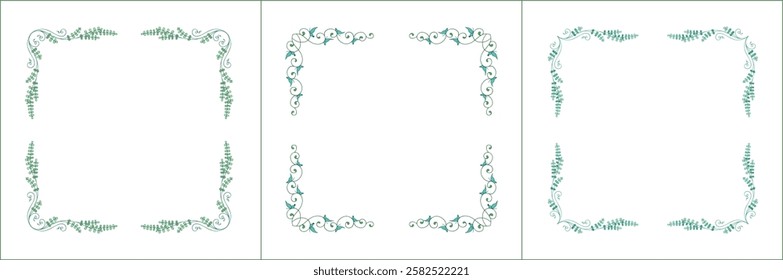 Set of three elegant green vegetal ornamental frames with leaves and butterflies, decorative border. Isolated vector illustration. Floral frame.

