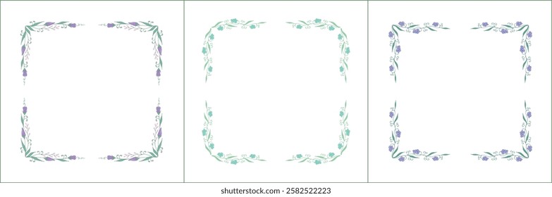Set of three elegant green vegetal ornamental frames with light blue and light purple flowers, decorative border. Isolated vector illustration. Floral frame.
