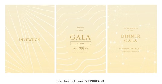 Set von drei eleganten Einladungskarten-Vorlagen mit abstraktem goldenem Hintergrund. Moderne Vektorgrafiken für eine formelle Gala oder Dinner-Veranstaltung am 25. Dezember 2027.