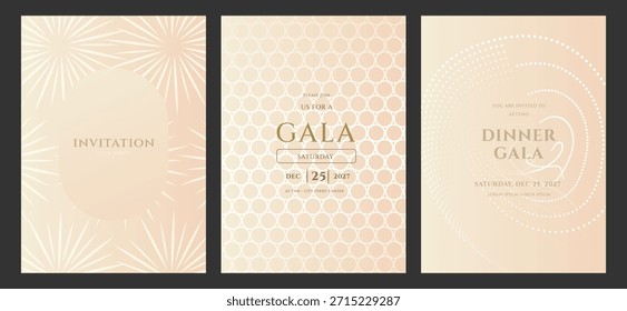 Conjunto de três elegantes modelos de convites para uma festa de gala, jantar ou evento formal em 25 de dezembro de 2027. Desenhos de luxo com fundos abstratos modernos.
