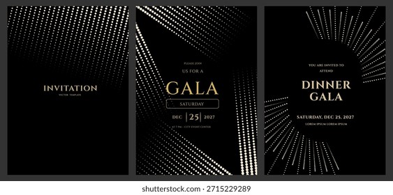 Conjunto de três modelos de convite elegantes para um evento de gala ou jantar formal. Apresenta um design luxuoso preto e dourado com padrões abstratos de pontos de meio-tom.