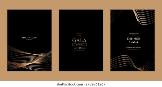 Set of three elegant invitation templates for a gala or formal dinner on December 25, 2027. Luxury design with abstract flowing gold lines on a black background. Vector format.
