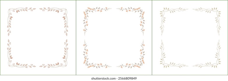 Set of three elegant light brown vegetal ornamental frame with orange flowers, decorative border. Isolated vector illustration	
