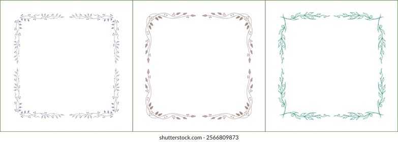 Set of three elegant light purple, light brown, light green vegetal ornamental frames with flowers, decorative border. Isolated vector illustration	
