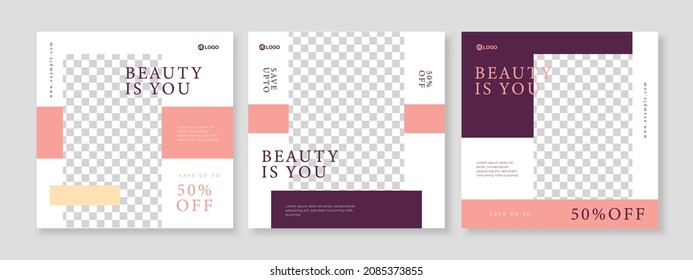 Conjunto de tres elegantes antecedentes minimalistas de skincare promoción de belleza banner plantilla de paquete de medios sociales premium vector