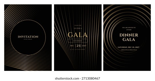 Conjunto de tres Plantillas de invitación elegantes y modernas para un evento de gala o cena. Presenta diseños Art Deco de lujo en negro y oro con líneas geométricas.