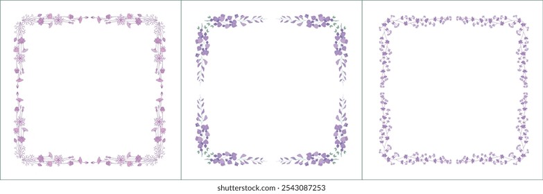 Set of three elegant purple vegetal ornamental frame with flowers, decorative border, corners for greeting cards, banners, business cards, invitations, menus. Isolated vector illustration